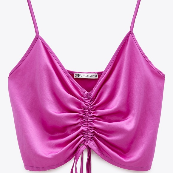 NWT Zara fuchsia ruched satin effect crop top - Picture 2 of 9